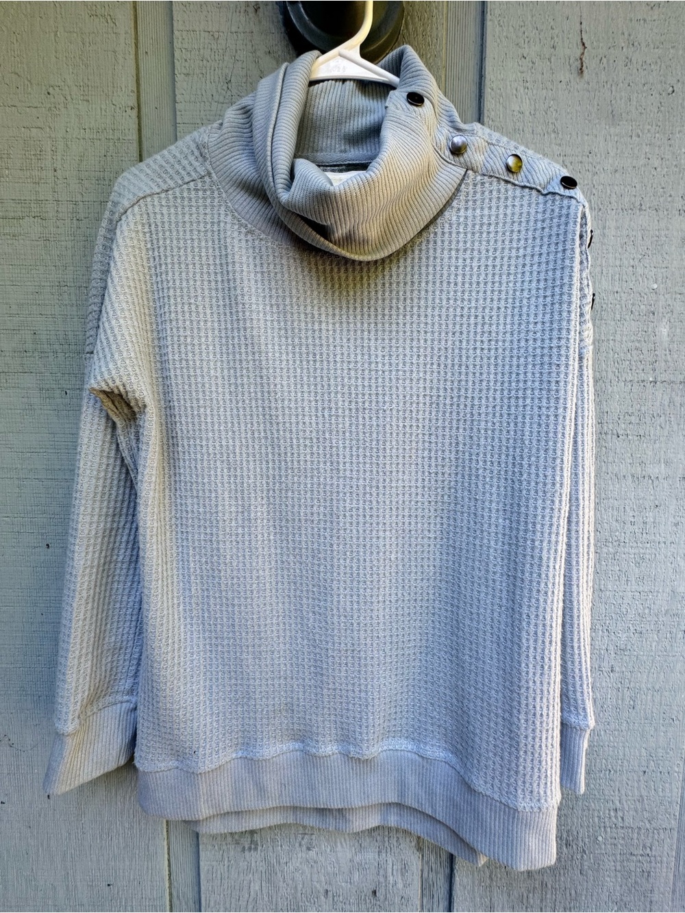 French Laundry Light soft blueWaffle Knit Cowl Neck Sweater with Button Shoulder
